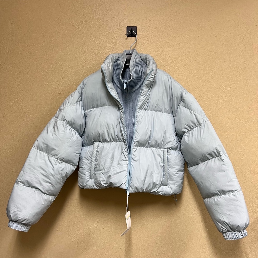 Light Blue Puffer Jacket with Ribbed Stand Collar